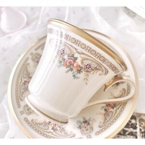 Lenox Versailles Teacup Saucer Set Gold Trim Floral Fine Bone China USA Vintage